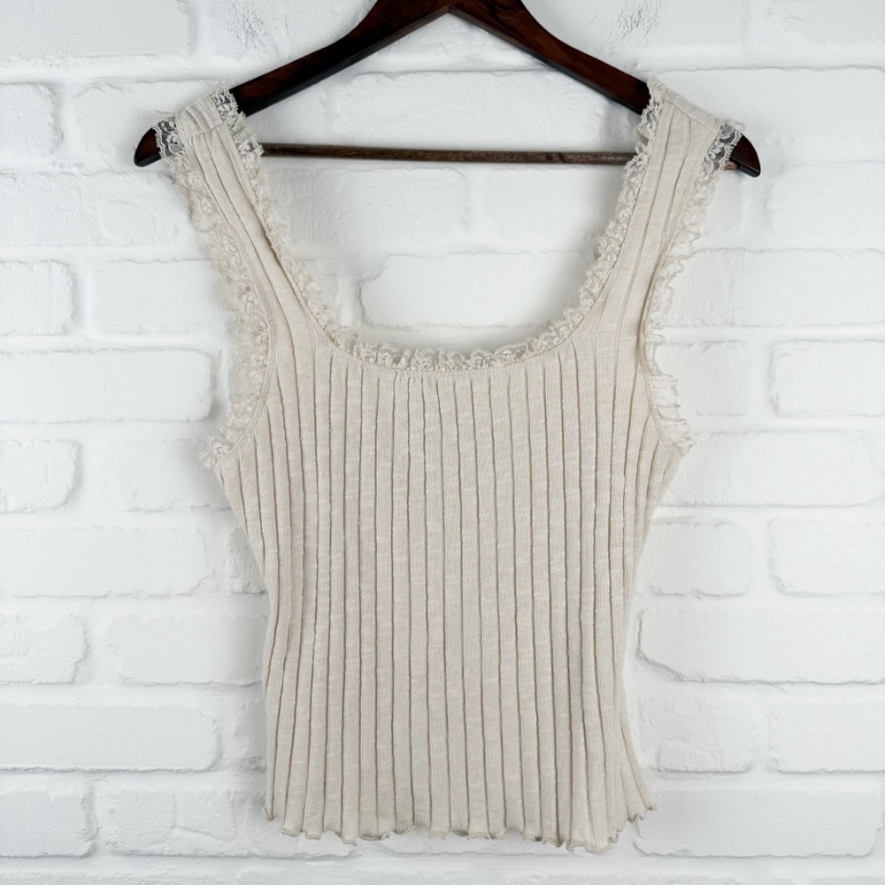 And Now This Cream Beige Lace Trim Ribbed Knit Bone Tank Top Medium NEW